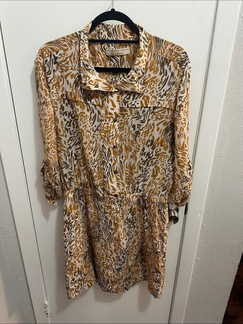 Robert Graham Abstract Print Long Sleeve Shirt Dress in Mustard and White